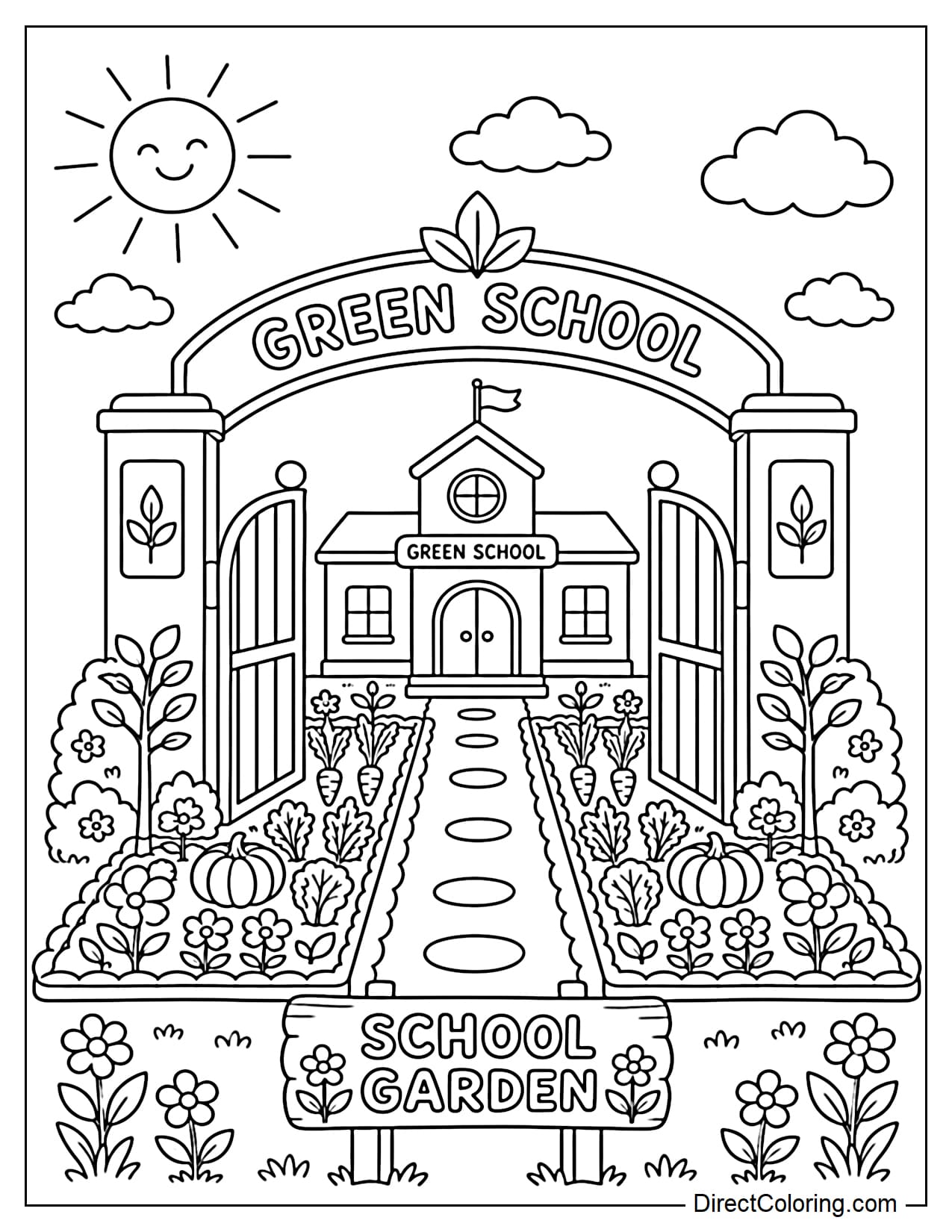 The entrance to a green school with a large gate, a small path leading inside and two gardens planted with flowers, vegetables and young trees on either side. A small sign in front reads 
