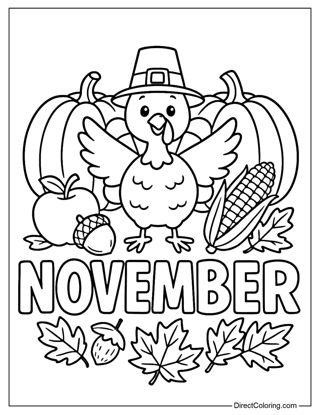 Coloring page of the word NOVEMBER. Behind the letters are two large pumpkins, in the middle is a cute turkey wearing a Pilgrim hat spreading its wings.
