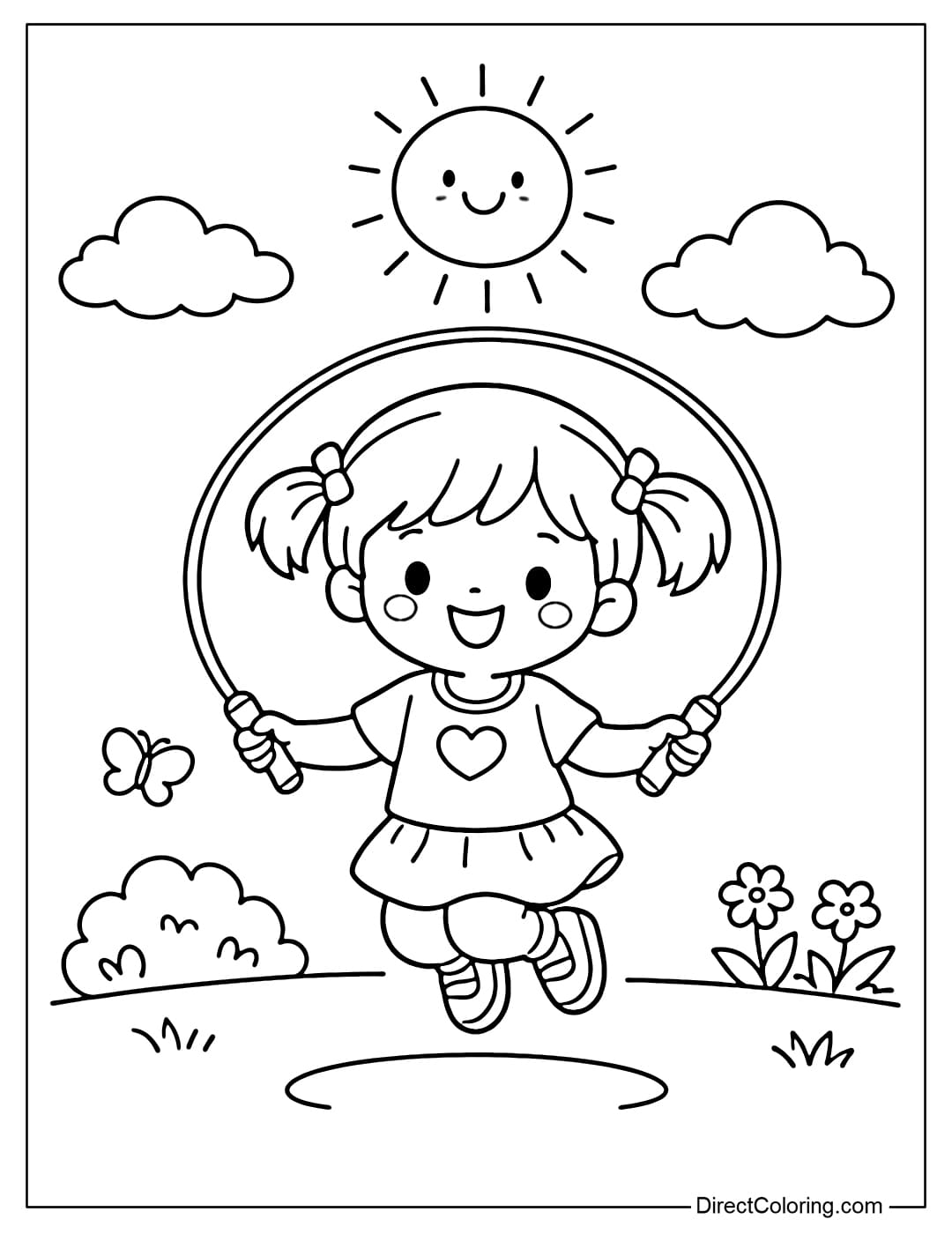 A little girl is jumping rope outdoors.