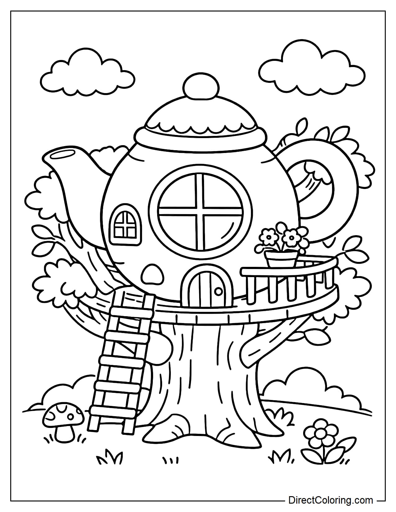A treehouse shaped like a large teapot perched on a tree, with a cute rounded spout and handle, and a large round window in the body of the teapot.