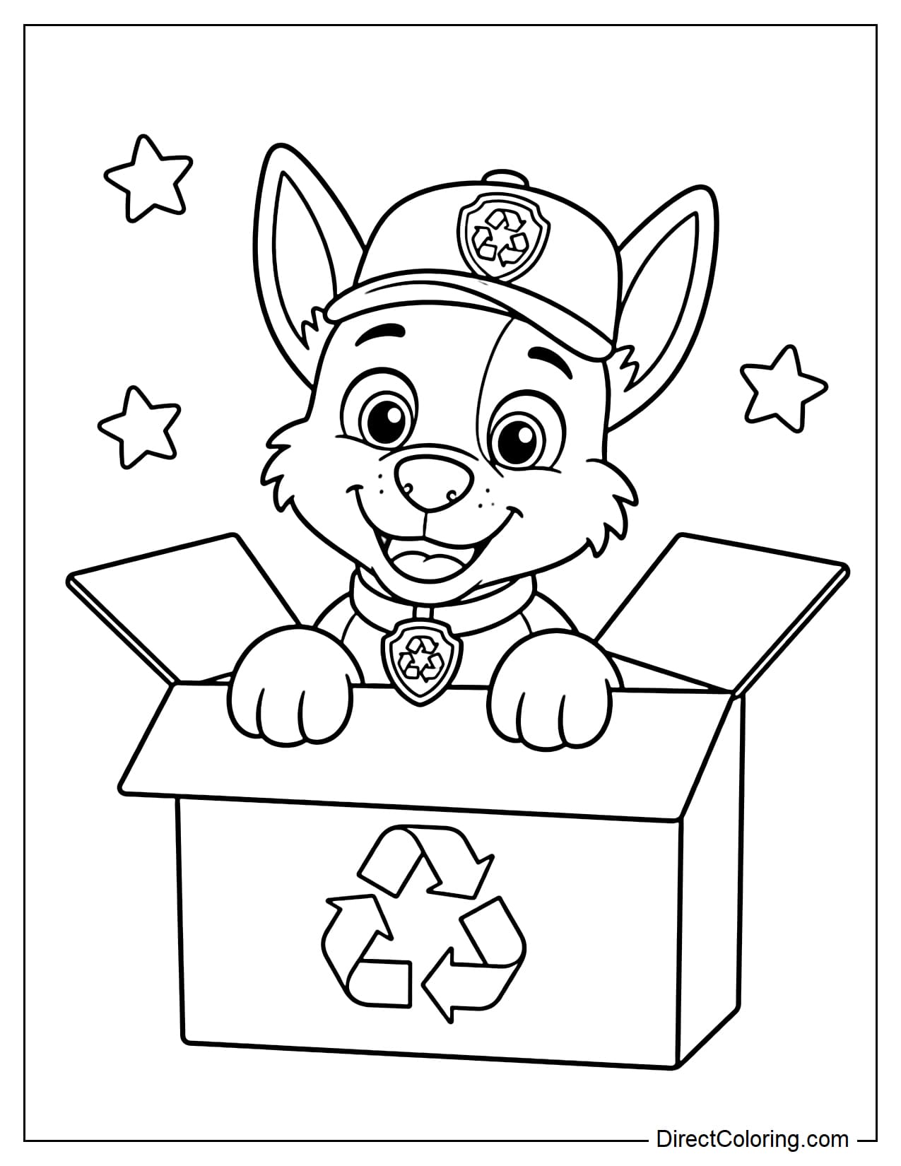 Rocky peeks out of a large cardboard box with his head and front paws showing, smiling playfully, with a few little stars nearby.