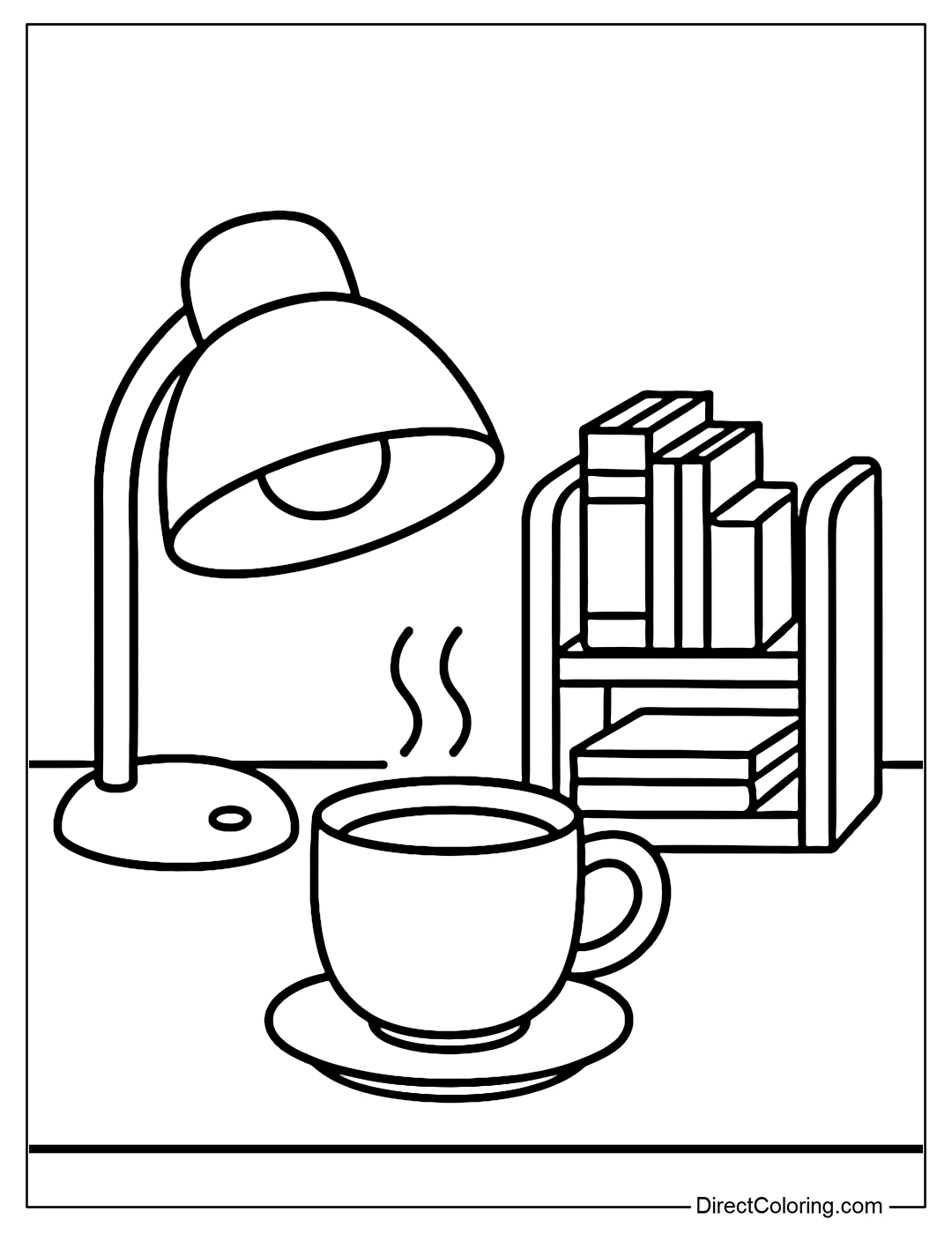Coloring page of a cozy study desk with a desk lamp, small bookshelf, cup of tea, creating a gentle learning inspiration.