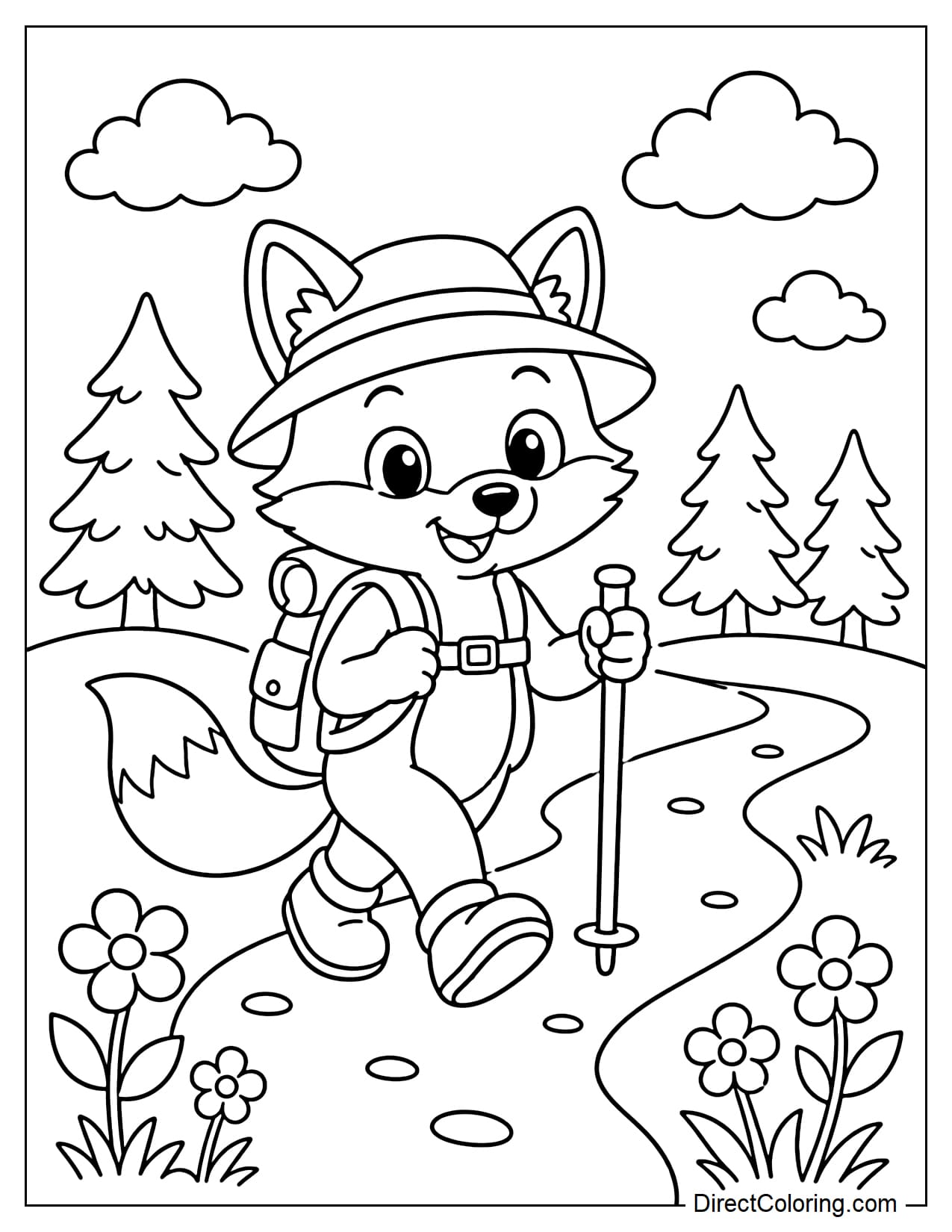 A little fox wearing a hat, carrying a backpack and trekking poles, walks along a gently winding forest trail. Around them are some small pine trees, wildflowers, and clouds.