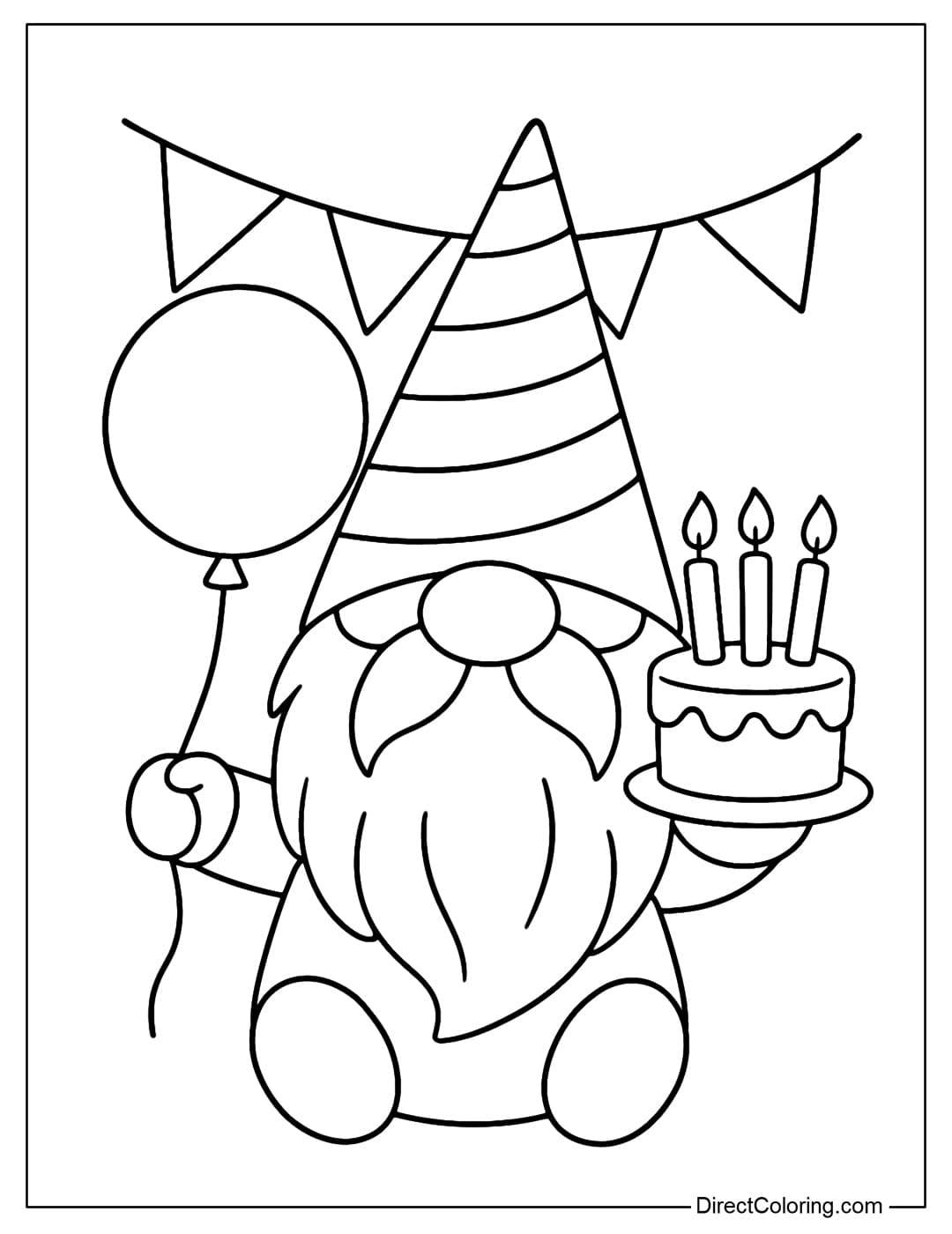 A coloring page of a gnome at a birthday party, wearing a party hat, holding round balloons and a small birthday cake.