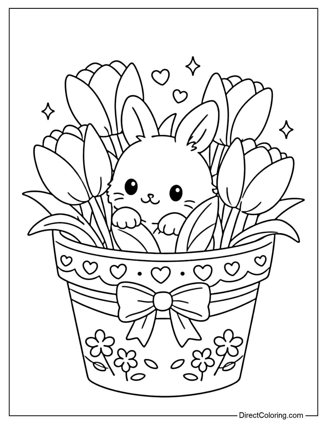 A coloring page of a tulip pot with an adorable little bunny hiding among the flowers.