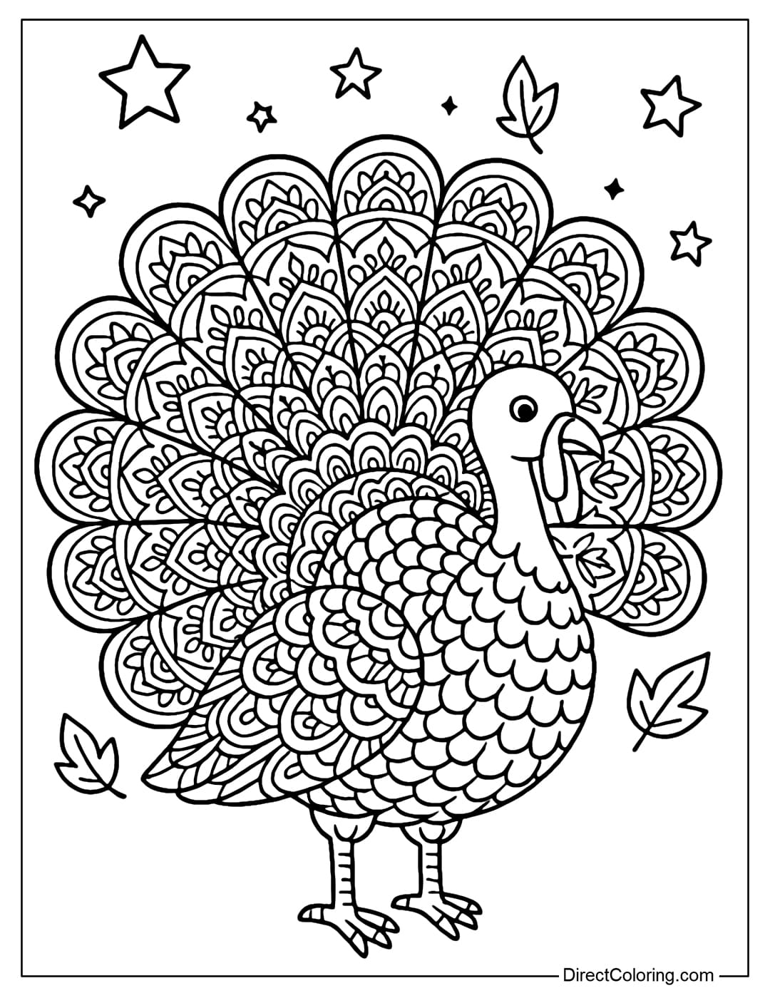 A mandala-shaped turkey coloring page with feathers spread out, the background is just a few simple stars and leaves.