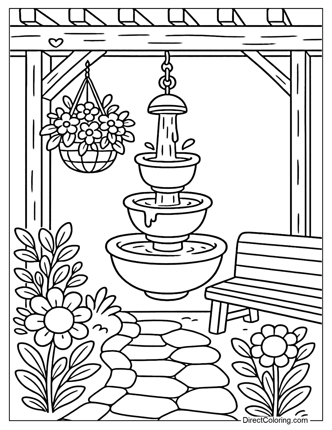 Coloring page for a fountain hanging under a wooden pergola, hanging flower baskets, a relaxing bench next to a paved path