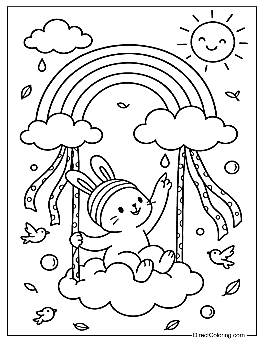 Coloring page of a swing hanging from a rainbow, the bunny reaches out to touch the falling raindrops.