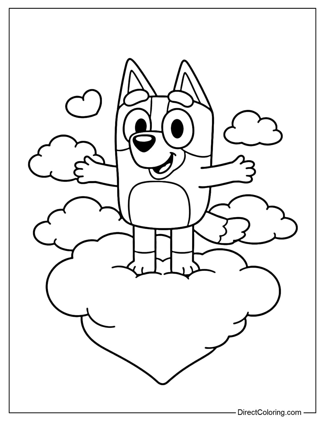 Bluey is standing on a soft, heart-shaped cloud, embracing smaller clouds around her.