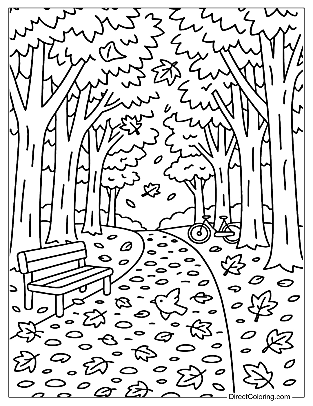 Coloring page of a small path through the autumn forest in September. Two rows of tall maple trees form a canopy of red and yellow leaves overhead, leaves falling gently covering the stone path.