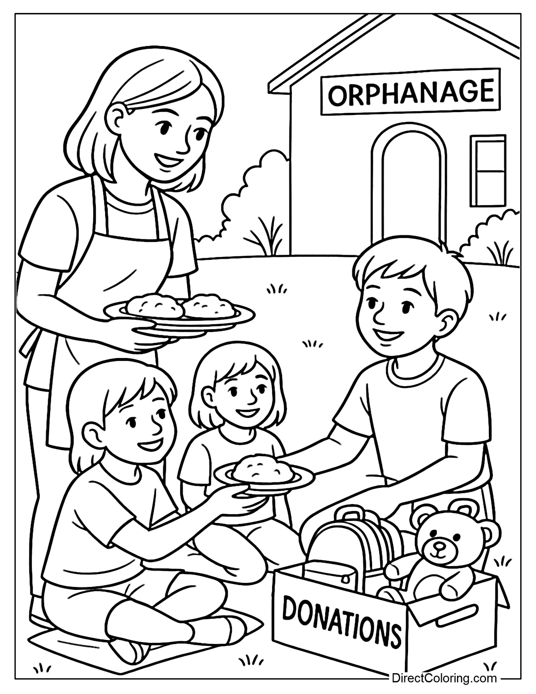 Coloring page of young people distributing charity rice, bringing supplies to orphanages.