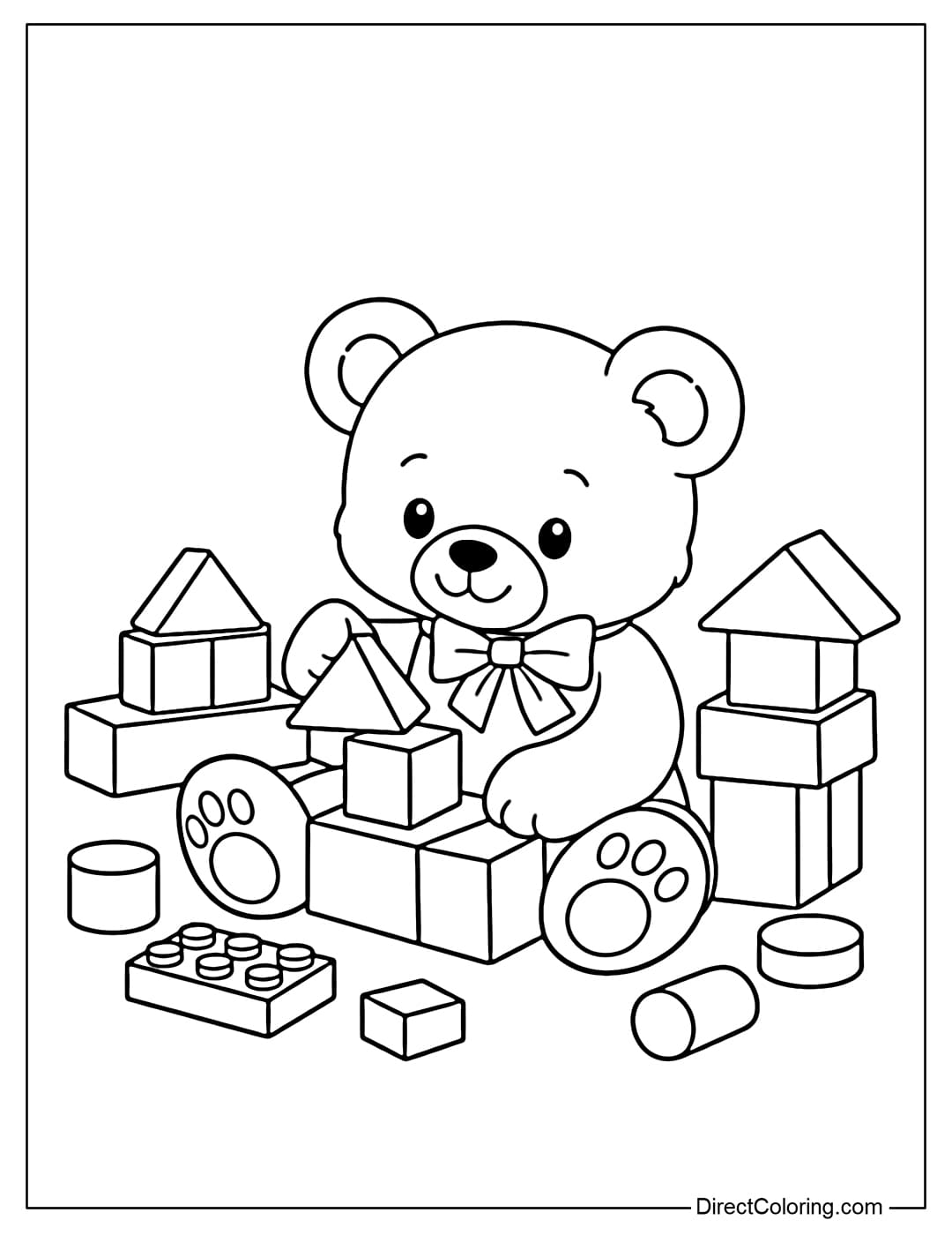 Coloring page of a teddy bear playing with toy blocks.