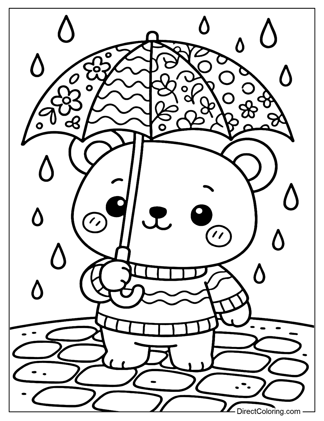 A coloring page of a baby bear holding an umbrella with many patterned patches, standing on a stone path, surrounded by raindrops.