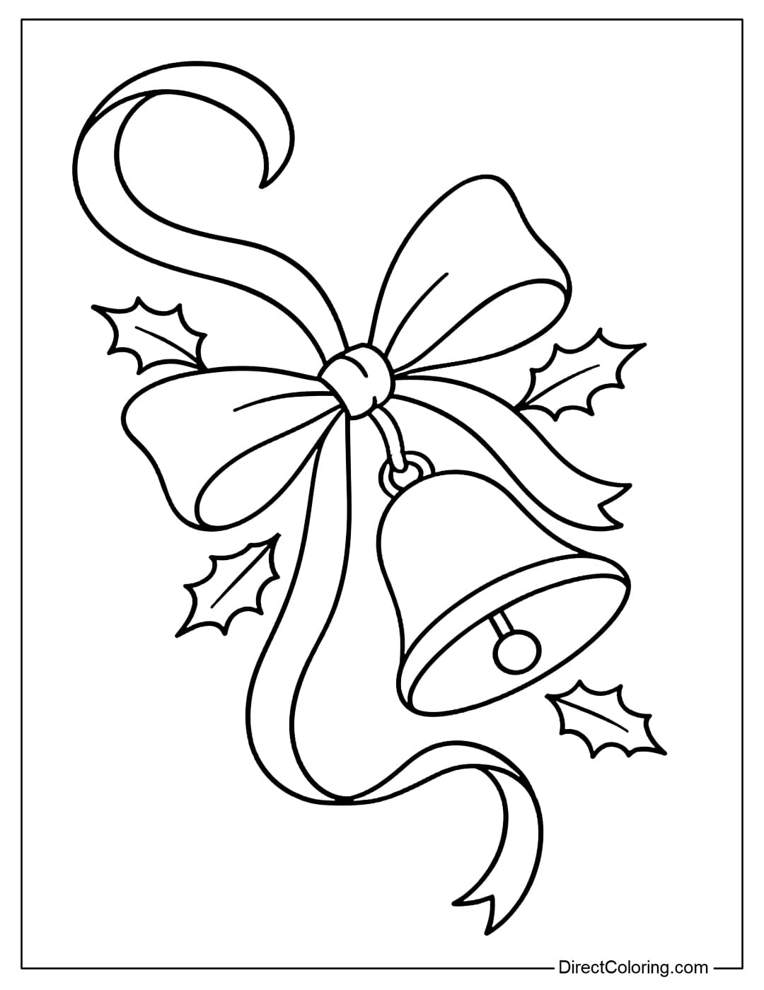 A Christmas bell coloring page with an S-shaped artistic ribbon.