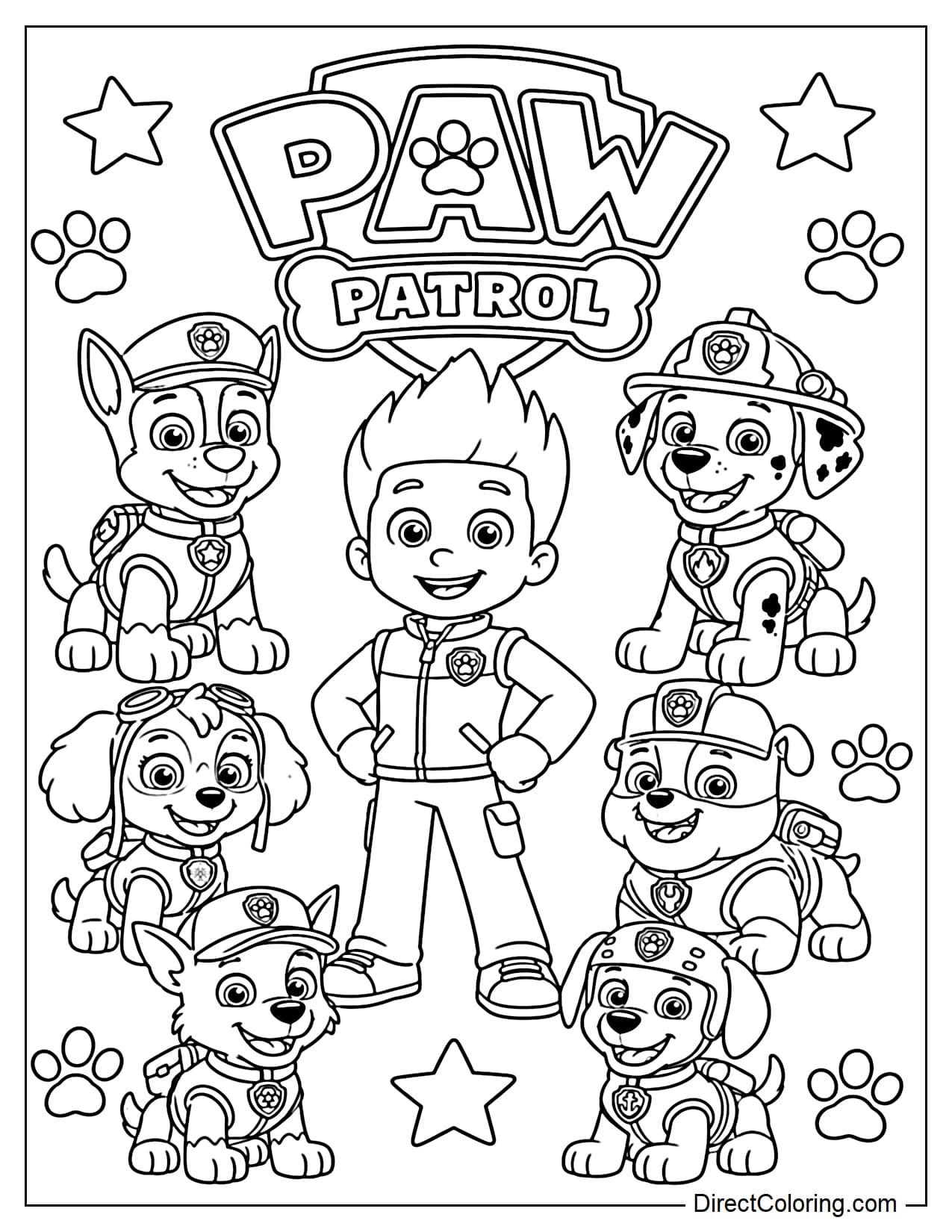 Ryder stands proudly in the center while Chase, Marshall, Skye, Rubble, Rocky, and Zuma smile around him. The PAW PATROL logo appears above, with simple stars and paw prints decorating the background.