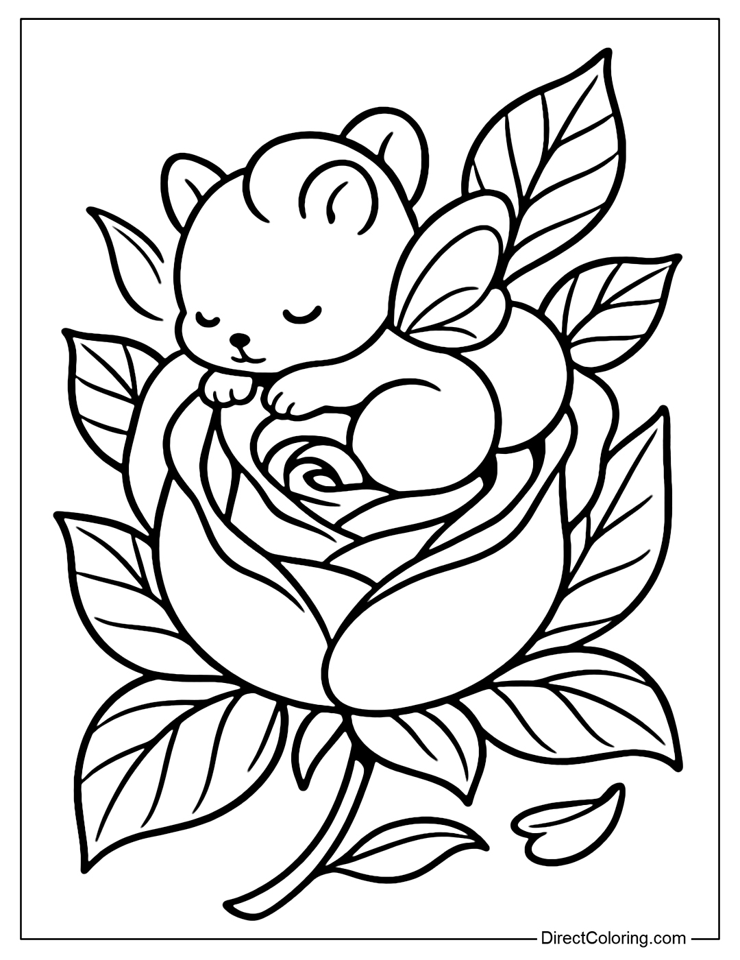 A coloring page of a little squirrel with fairy wings, sleeping soundly in a cradle made of a large rose, surrounded by soft green leaves.