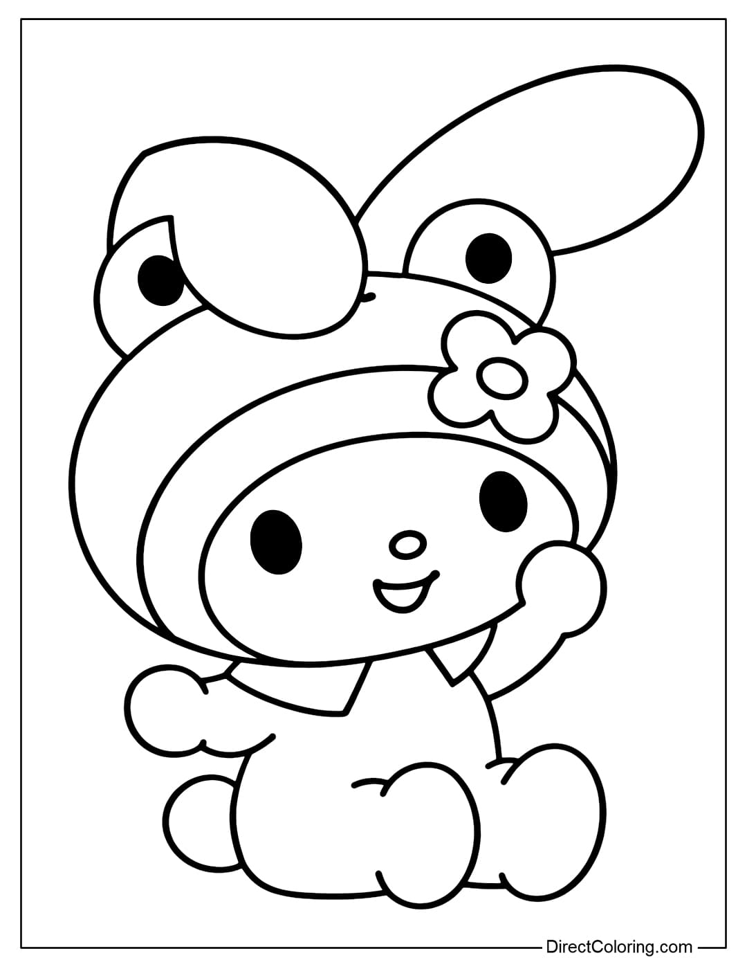My Melody is wearing a hat with the face of Keroppi the frog on it, sitting and waving happily.