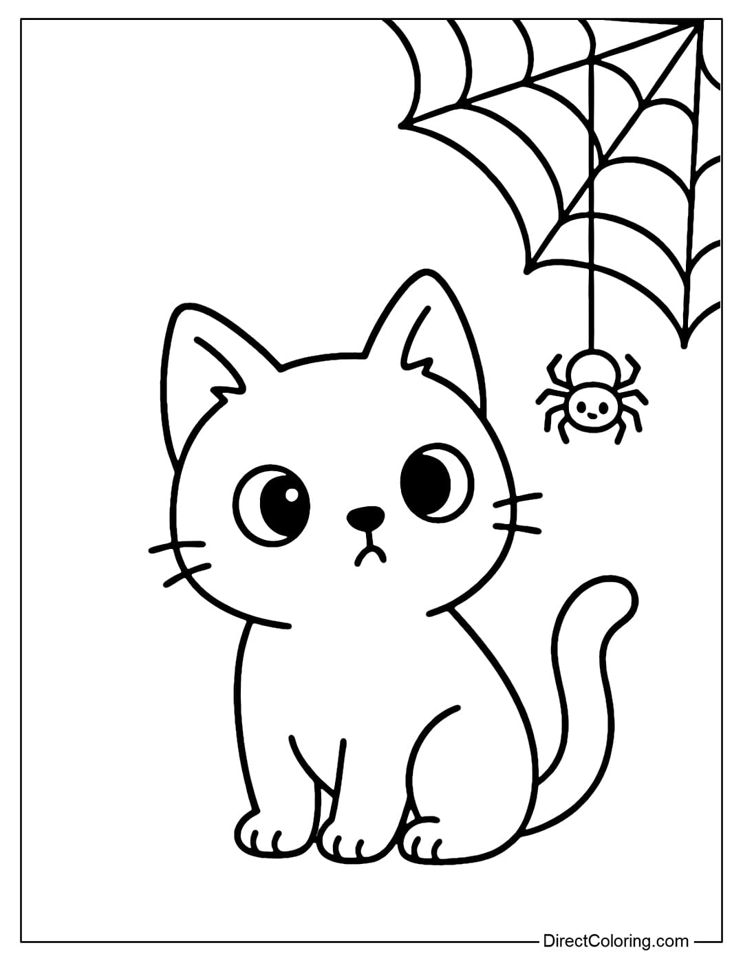 A black cat coloring page curiously looks at a small spider descending from the spider web above.
