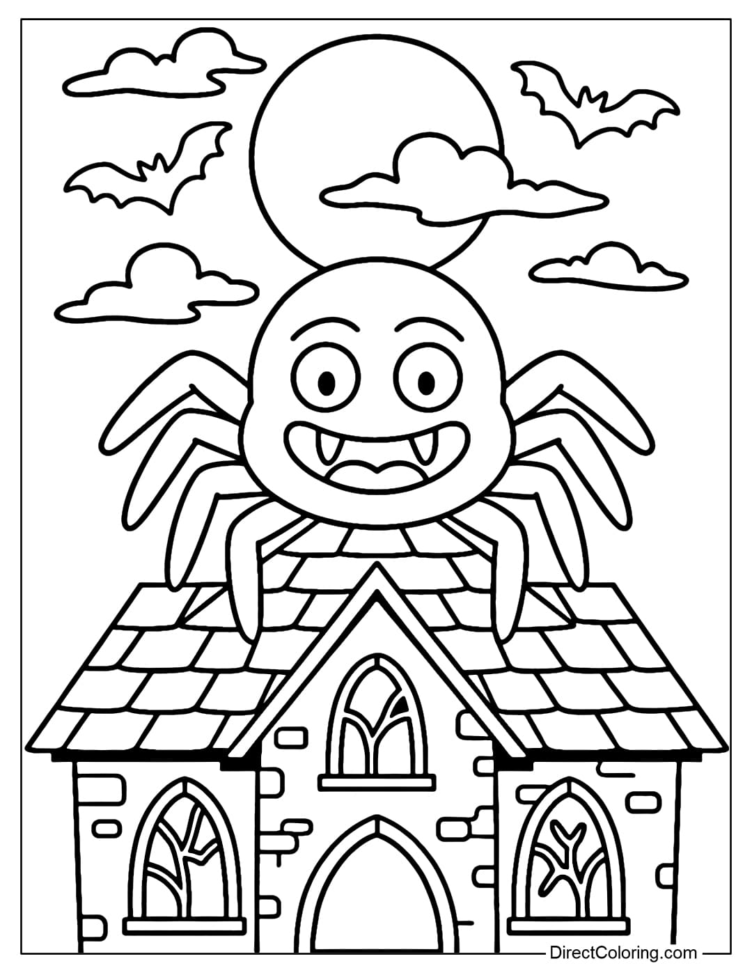 A spider coloring page sitting on a haunted house roof, surrounded by bats, a full moon, and dark clouds.
