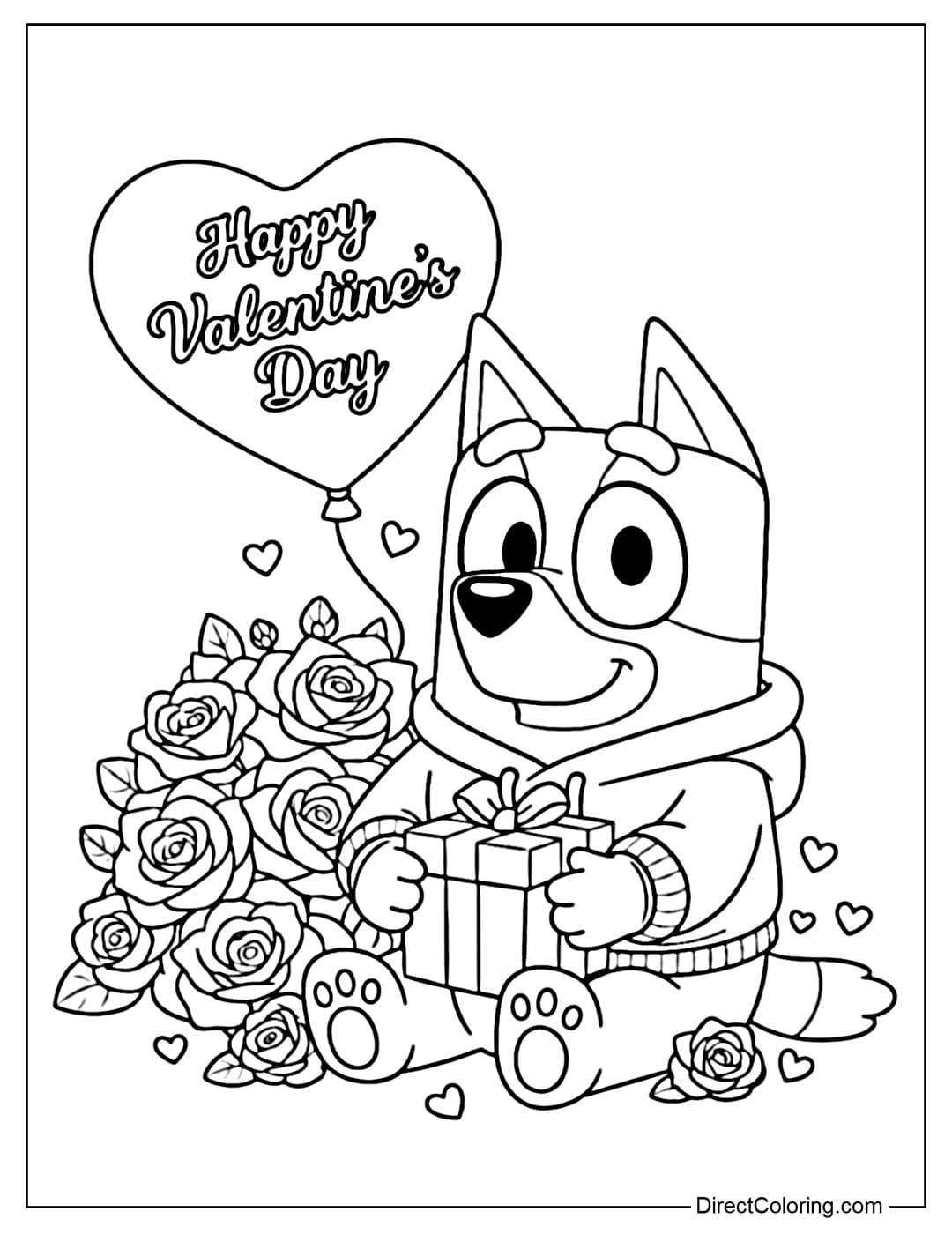 Cute Bluey is holding a Valentine gift box in her hands. A large bow, next to a bouquet of roses, with a heart-shaped balloon on top bearing the words 
