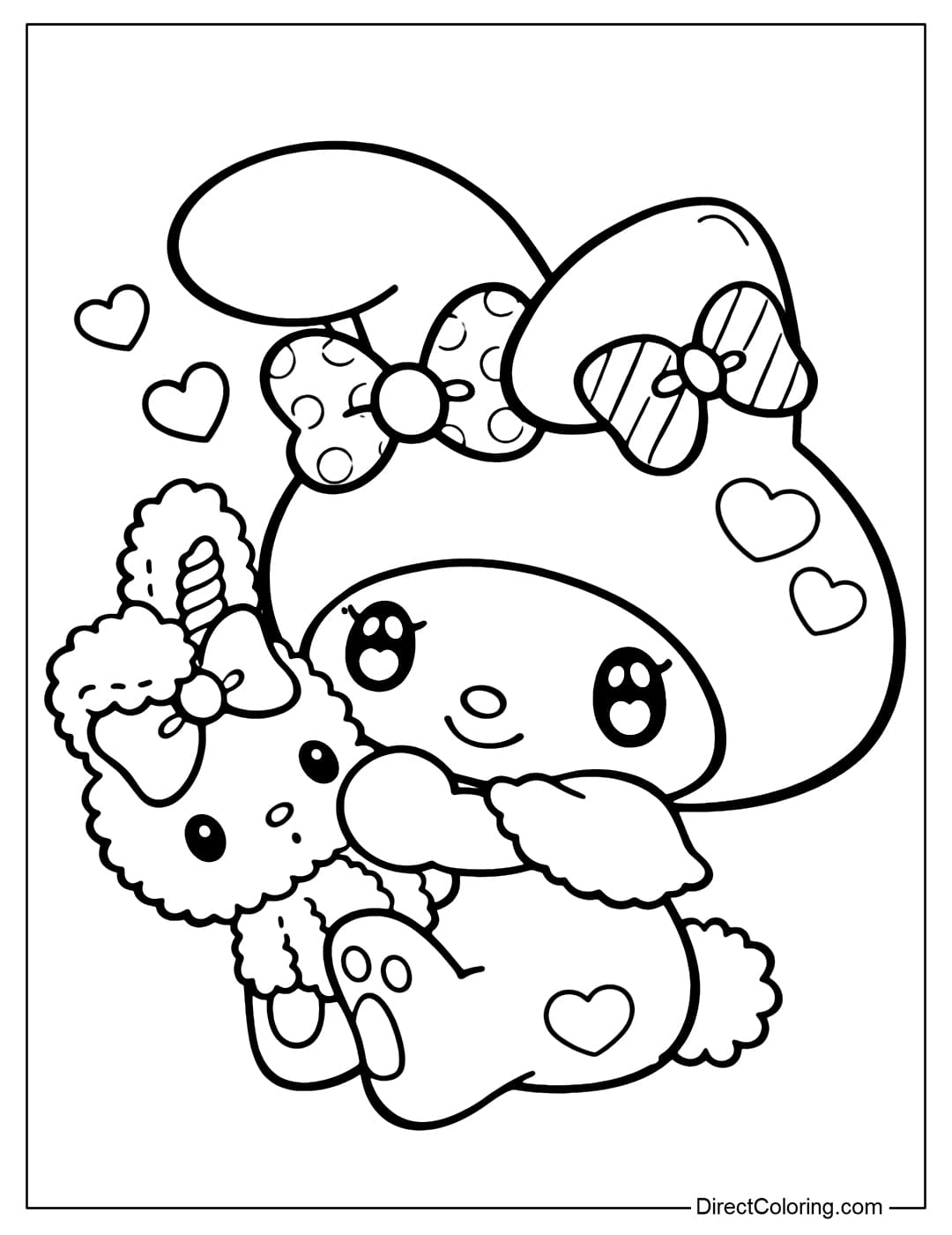 My Melody is cuddling a fluffy bunny with a cute little bow.