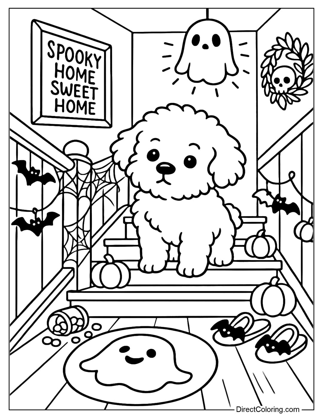 A coloring page of a little fluffy dog ​​standing in the middle of a wooden staircase in a cozy Halloween house.