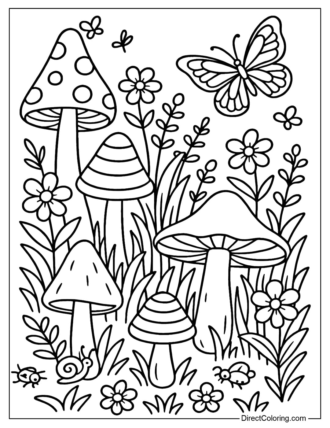 Magical Mushroom Garden Coloring Page A coloring page of a magical garden with all kinds of mushrooms, flowers, butterflies, and tiny insects, creating a magical feeling.