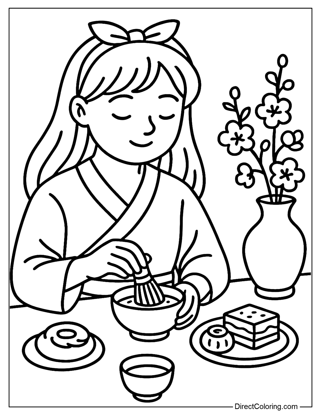 A coloring page of a scene of making matcha tea in the morning in a quiet room, with a tray of wagashi cakes and plum blossoms in a ceramic vase.