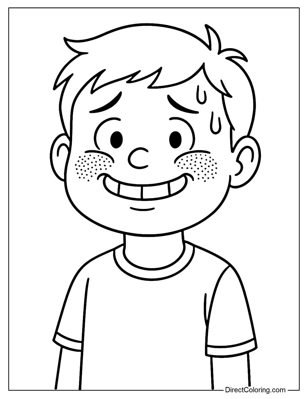 A forced smile coloring page, red cheeks, sweat dripping from the forehead, a funny awkward expression.