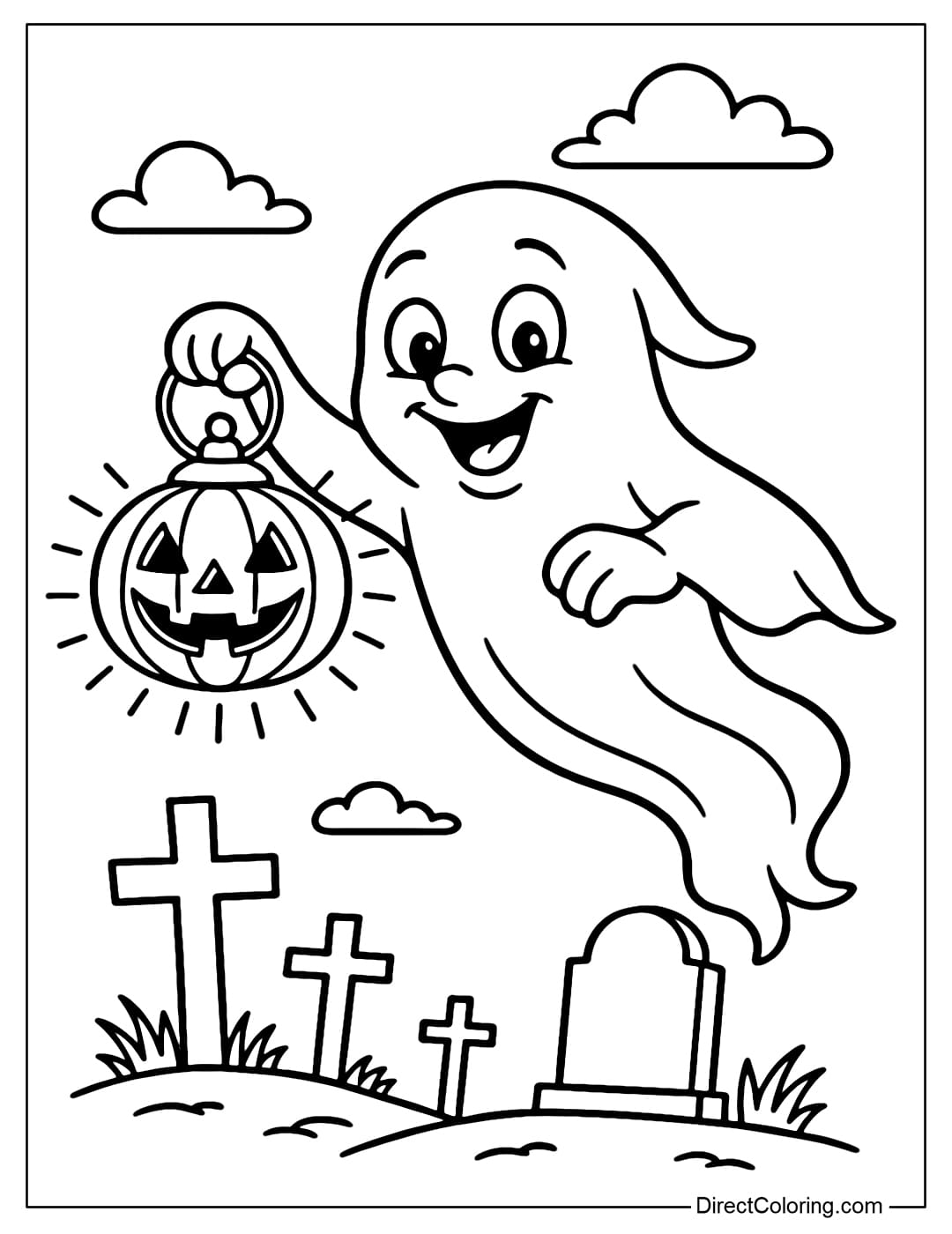 A funny ghost coloring page holding a glowing pumpkin lantern, flying around the cemetery.