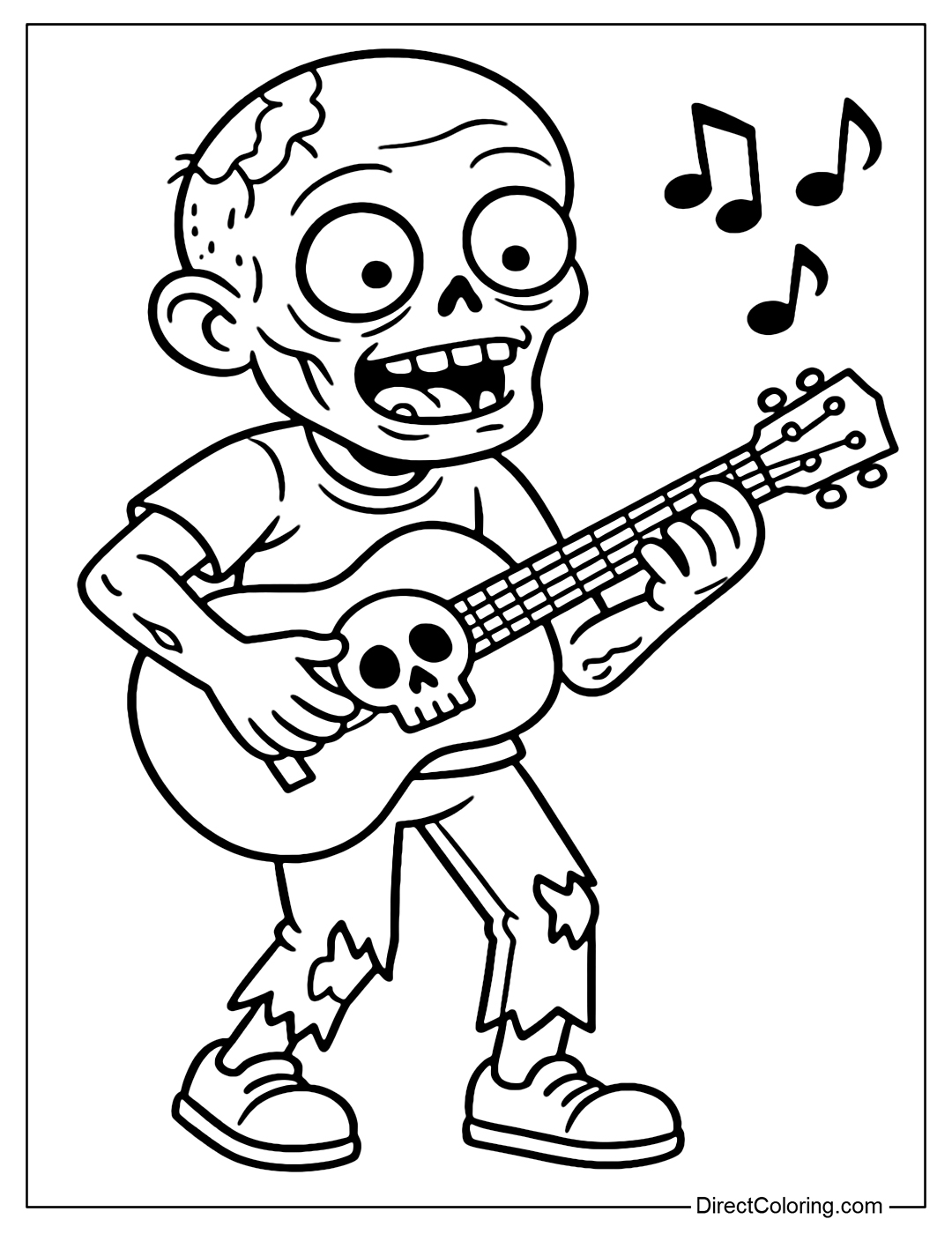 A zombie coloring page playing the guitar, the notes flying out from the skull guitar.