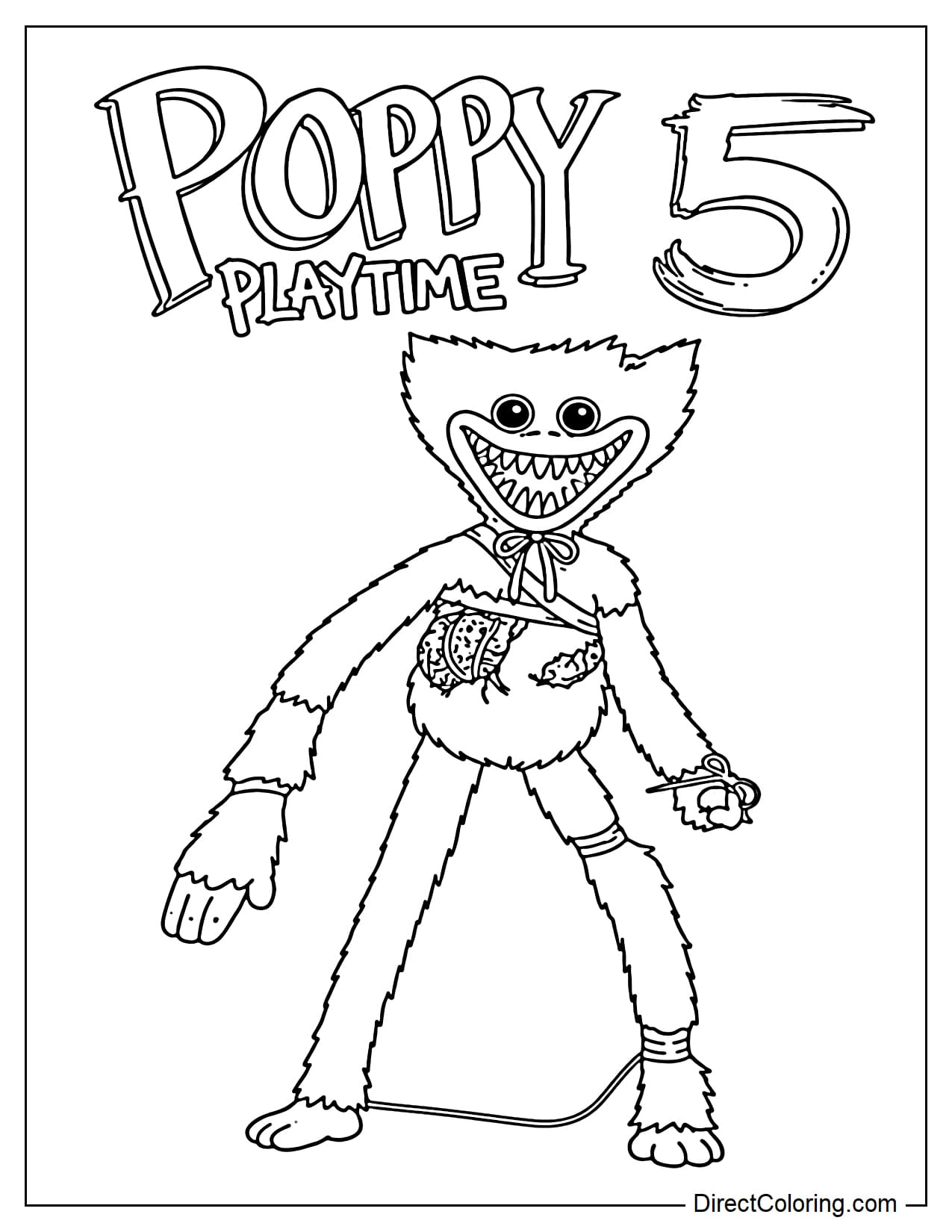 Huggy Wuggy from Poppy Playtime 5 Broken Things with a sharp-toothed grin, a skinny body, long limbs, and tears on his body, with the words 
