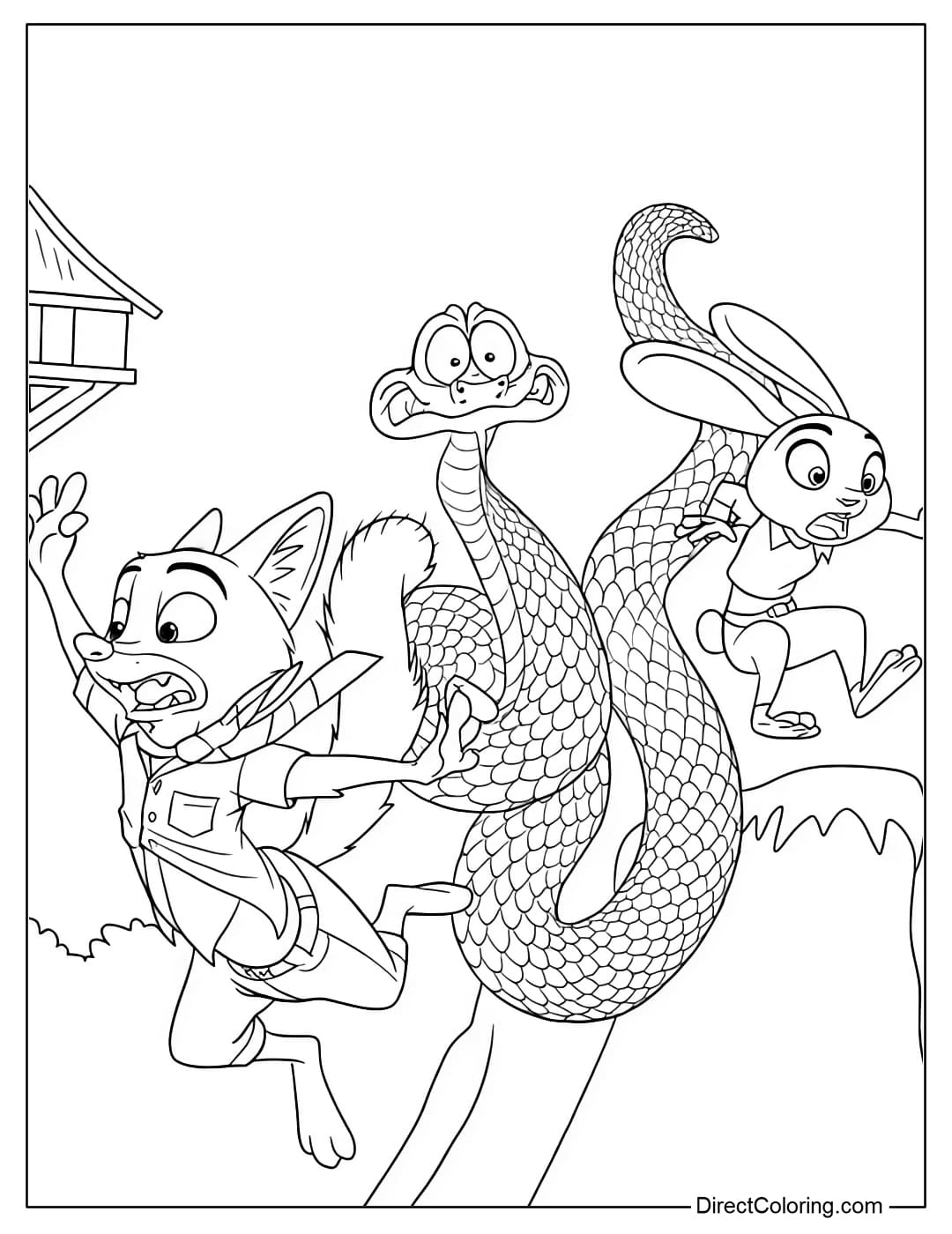 A coloring page of a thrilling chase scene with Zootopia 2 characters frantically running away on a cliff.