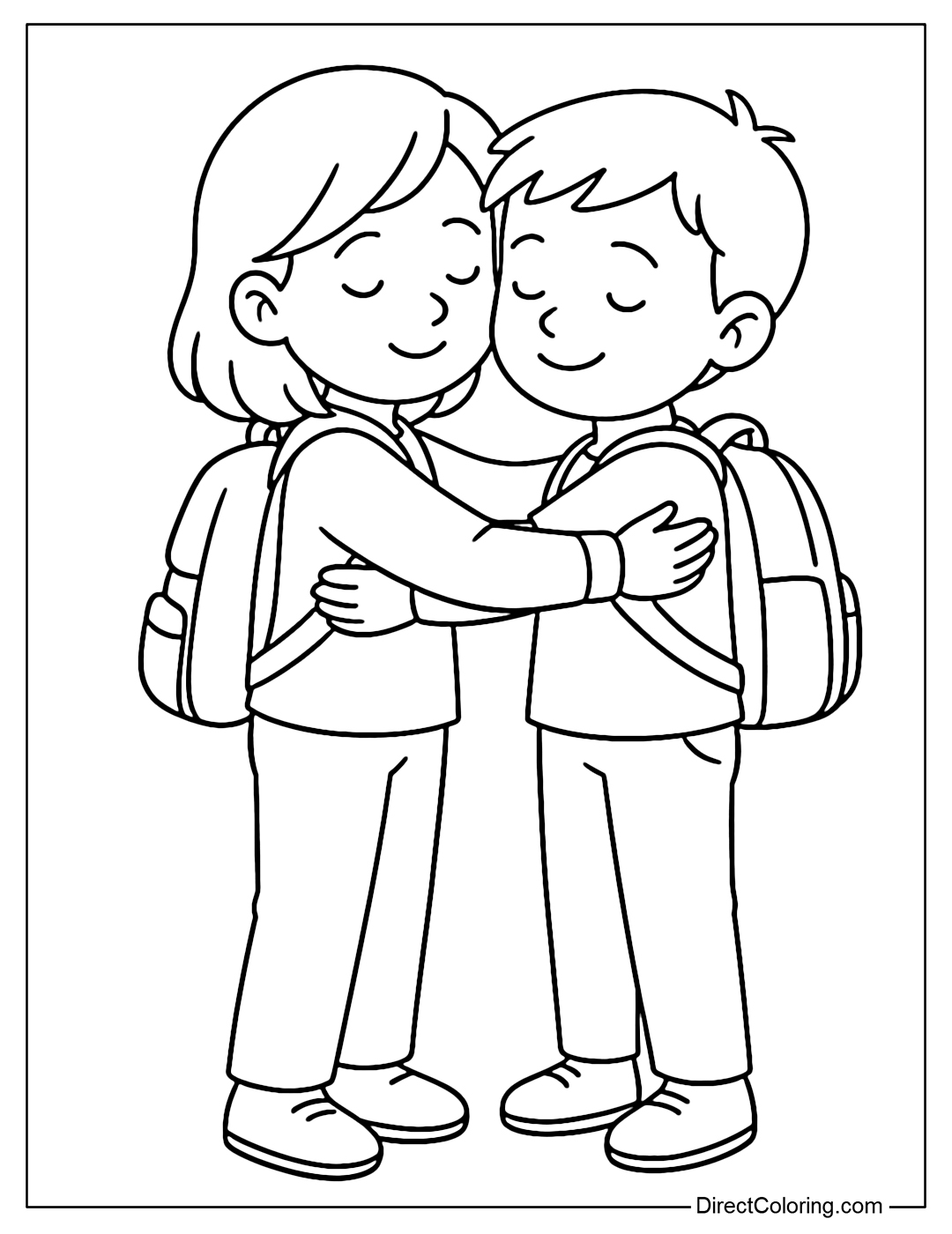 Coloring page of a gentle hug goodbye moment – ​​each child carries a small backpack.