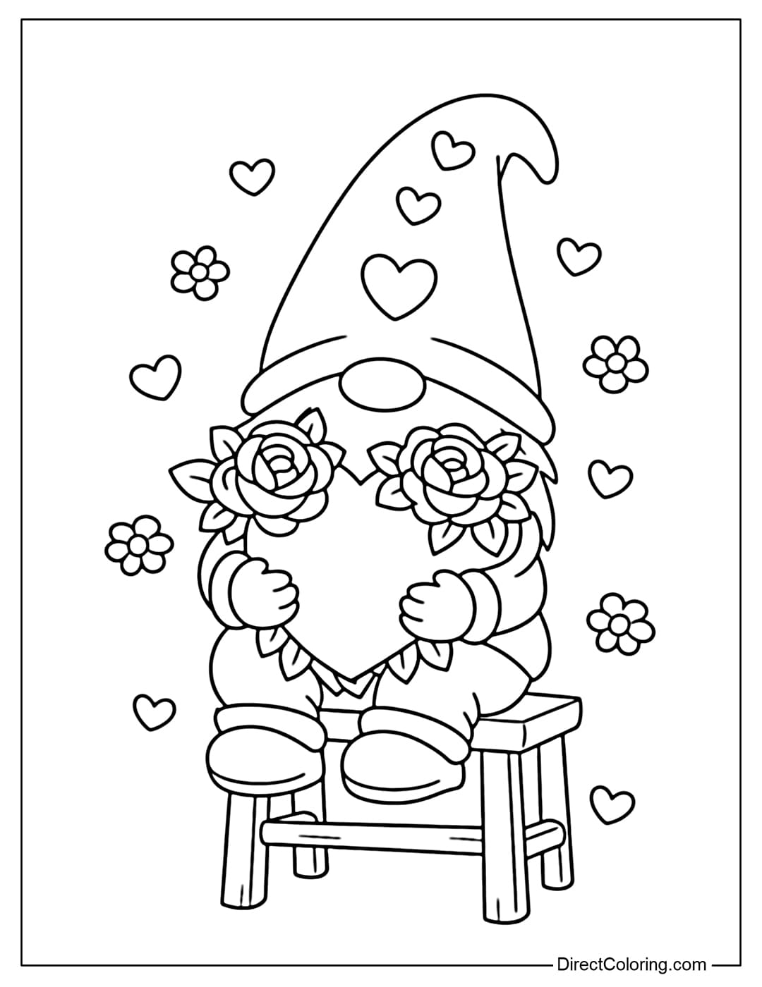 A coloring page featuring a gnome sitting on a simple wooden chair, holding a large heart decorated with rounded roses in its arms.