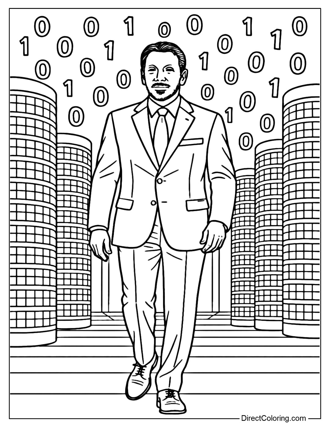 Larry Ellison in the Data Library Coloring Page Larry Ellison coloring page among giant columns of data like a library, symbolizing Oracle Database.