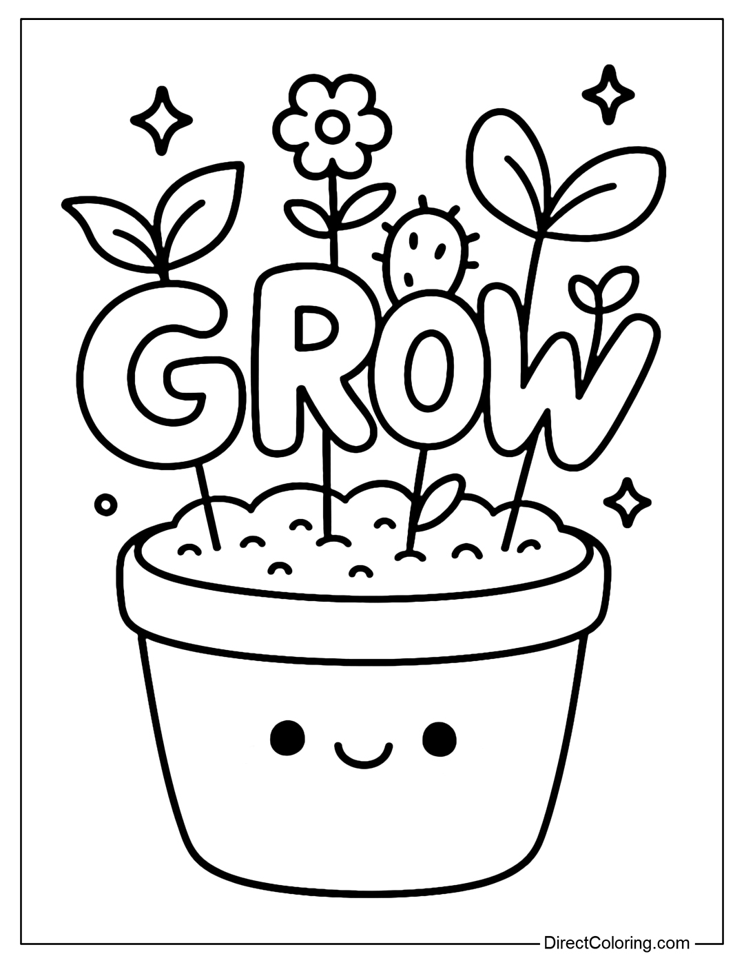 Grow coloring page grows from a potted plant, each letter is a different type of plant.