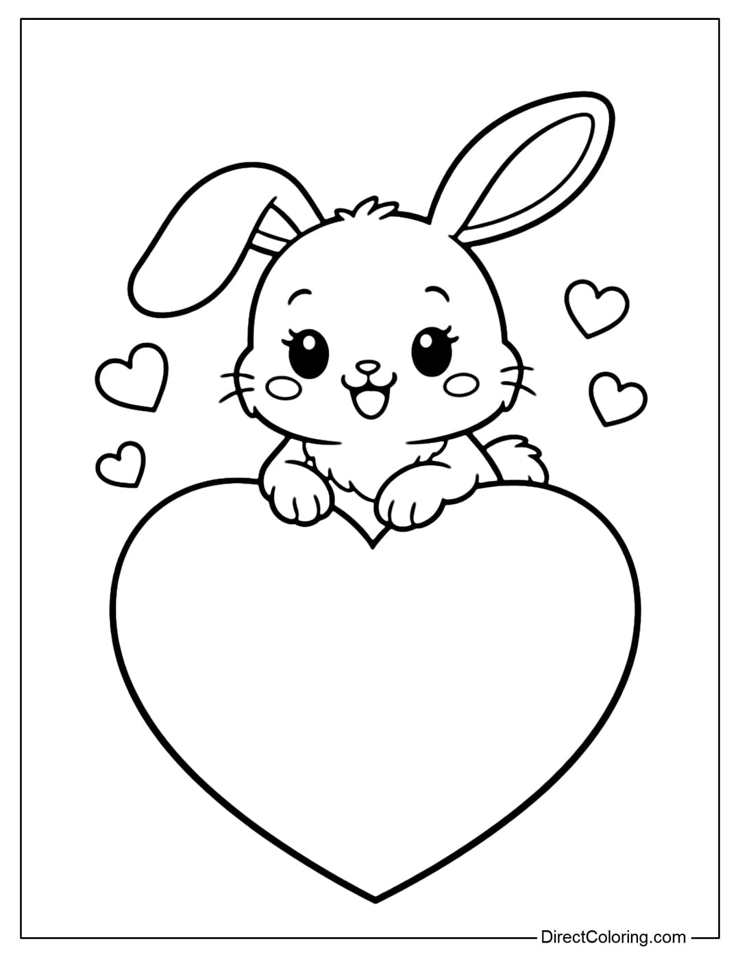 A coloring page of a little bunny sitting on a heart on its chest, with long, soft ears and an adorable expression.