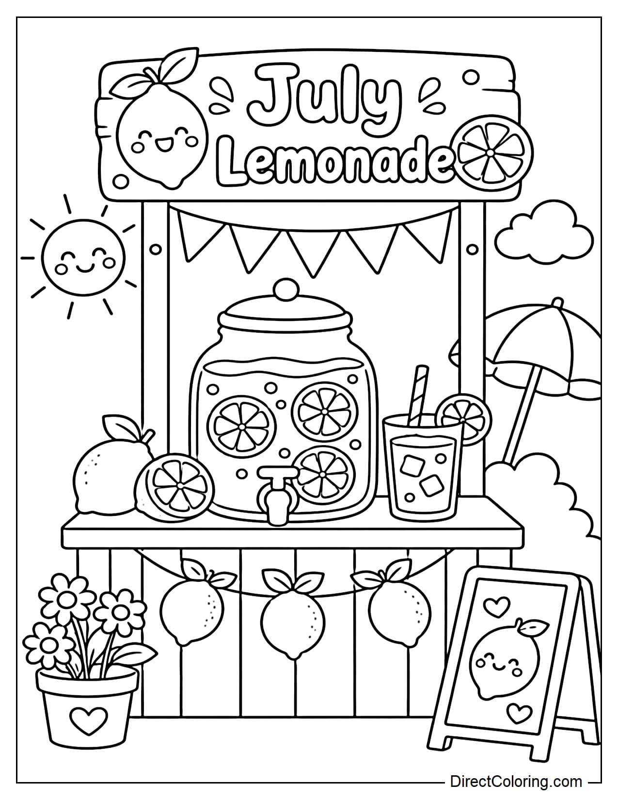 A summer lemonade stand with a large pitcher of lemonade, a few halved lemon slices, and a 