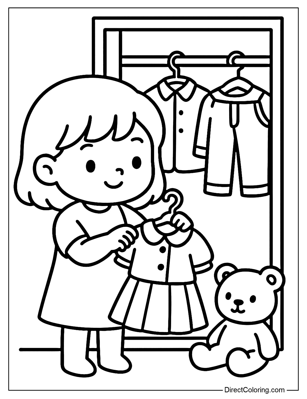 A coloring page of a little girl choosing her school clothes in front of her wardrobe, holding her school uniform skirt, with a teddy bear sitting next to her.