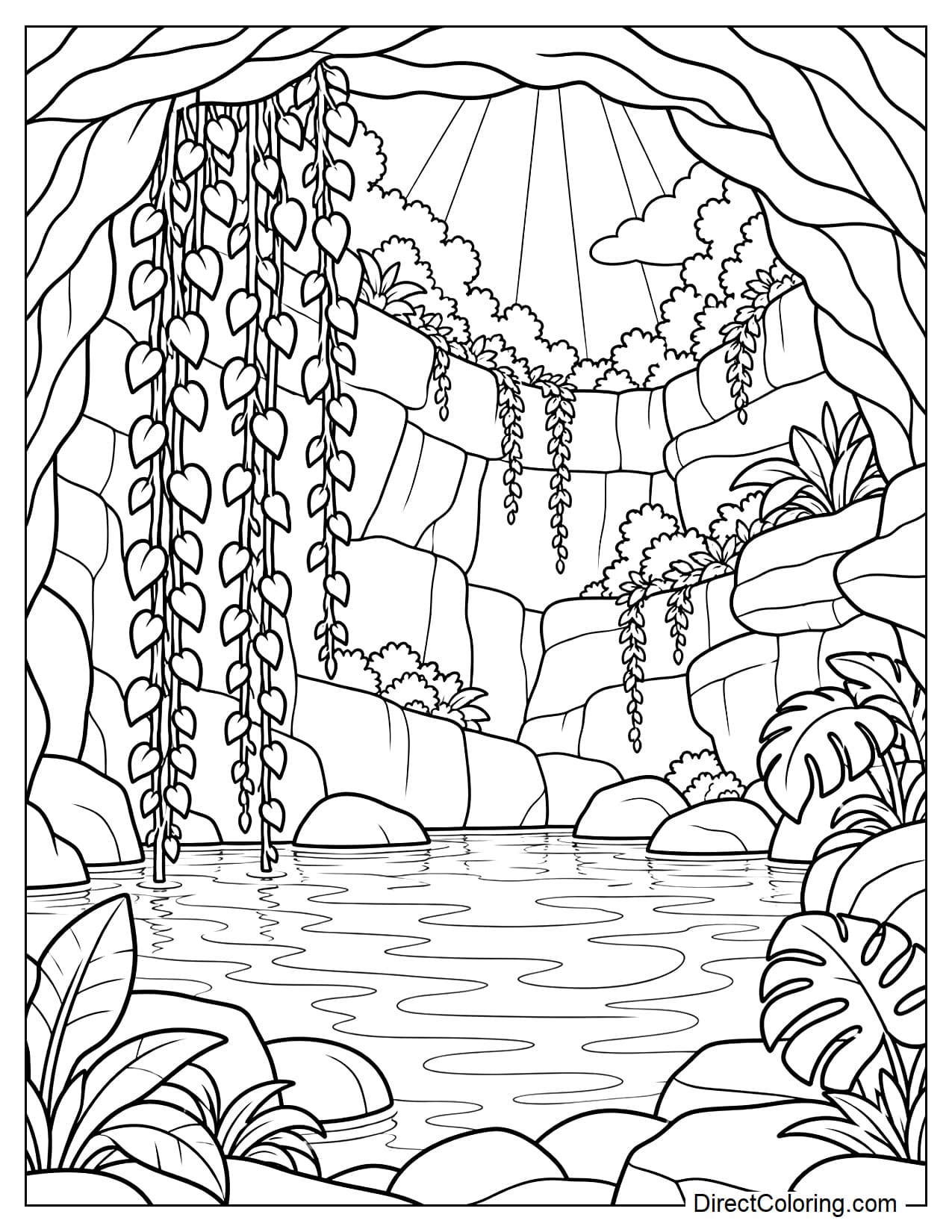 A natural Mexican cenote lies inside a rocky cavern with a large arched opening to the sky. Hanging vines drape down the rock walls, while gently rippling water, natural stone steps, and clusters of tropical plants fill the lower scene.