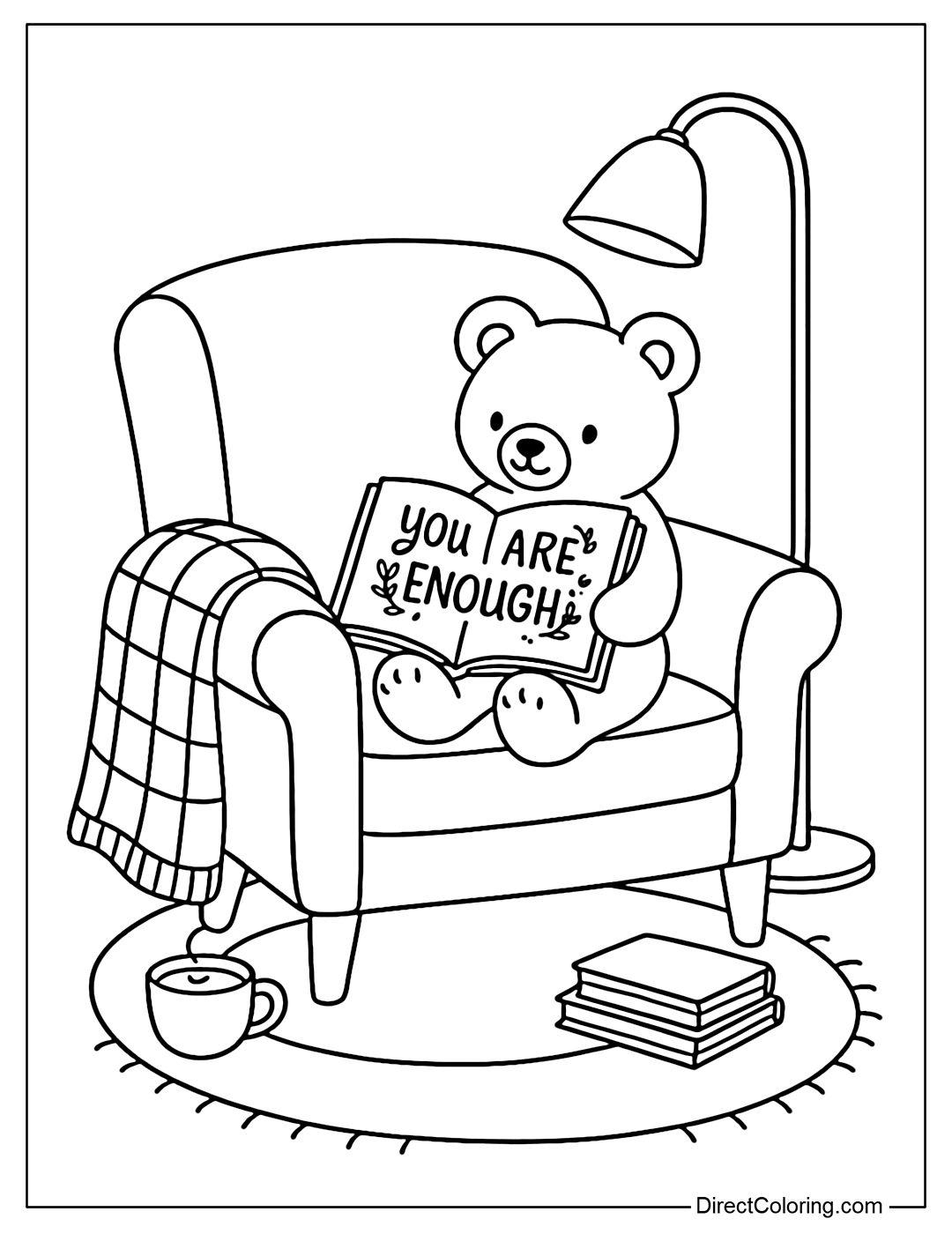 Coloring page of armchair, stuffed animal, blanket and open book with handwritten You Are Enough.