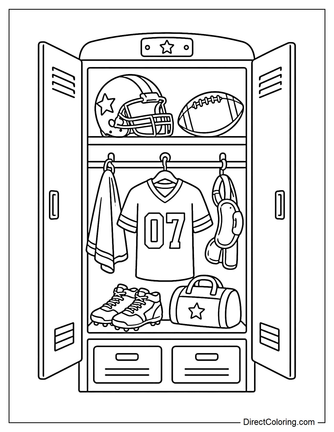 An open locker displays a football helmet, jersey, football, cleats, and towel neatly arranged before the game.