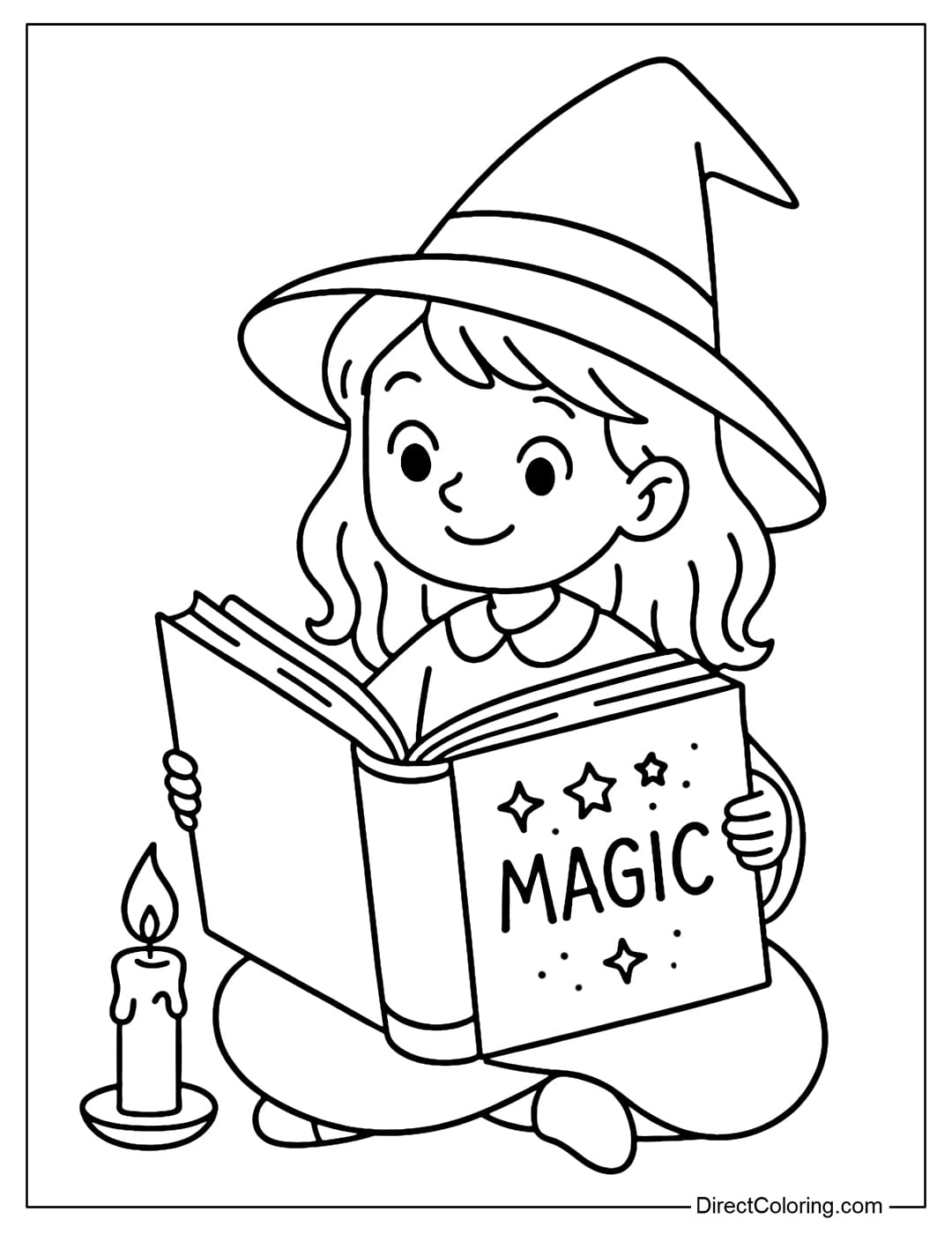 A little witch coloring page sitting reading a giant magic book, with a candle next to it.