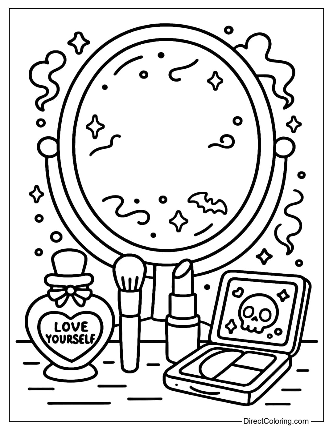 Cute gothic Halloween vanity coloring page, with Love Yourself potion, makeup brushes, lipstick and magic palette.