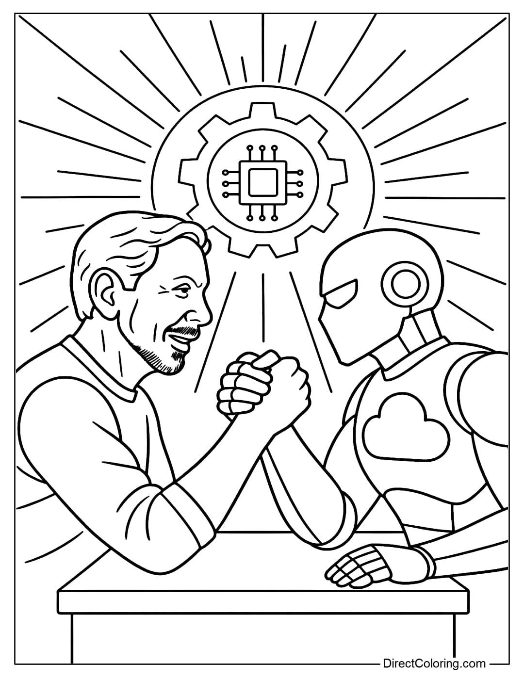 Larry Ellison Facing the Tech Rival Coloring Page Larry Ellison Coloring Page facing a metaphorical rival figure, both holding hands in an arm wrestling position.