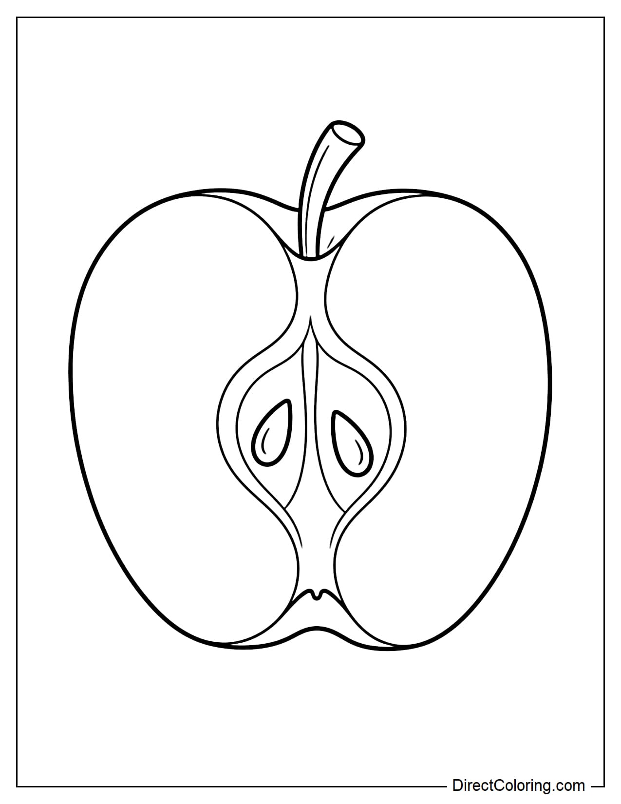 A large apple half cut vertically, clearly showing the inside, core, and a few simple seeds.