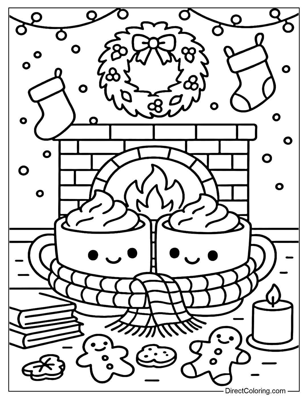 A hot chocolate cup coloring page with two cups of hot chocolate sitting next to each other, wearing the same scarf, surrounded by a warm fireplace and fairy lights.