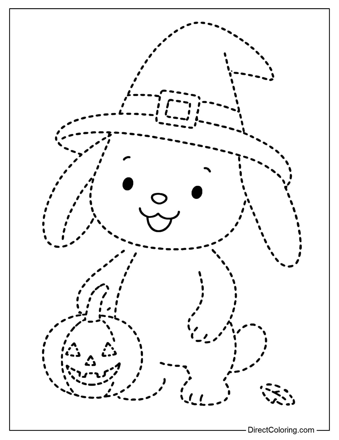 Halloween bunny in a witch's hat, holding a small pumpkin.