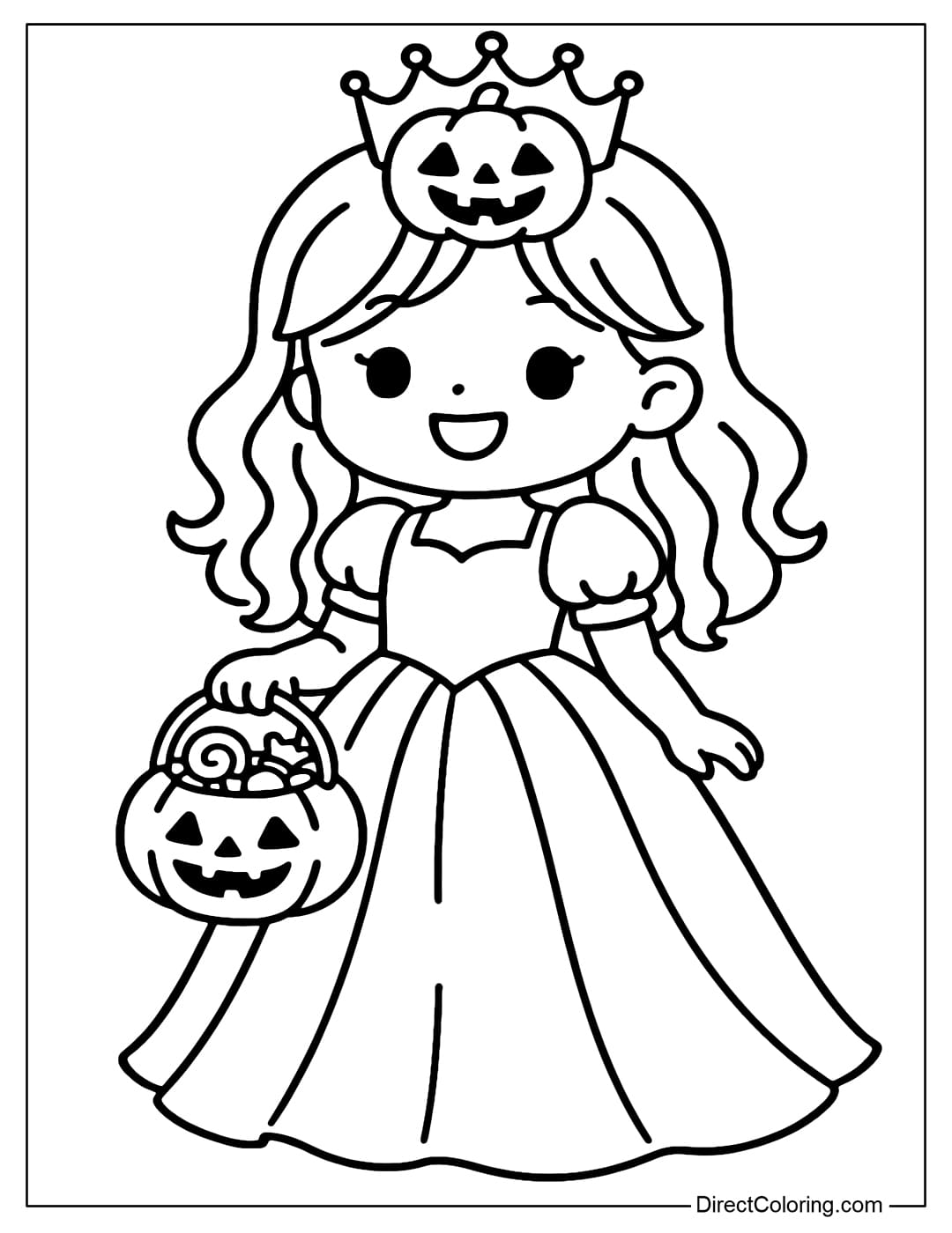 A coloring page for a little girl dressed as a Halloween princess, wearing a long dress and a pumpkin crown, holding a candy basket.